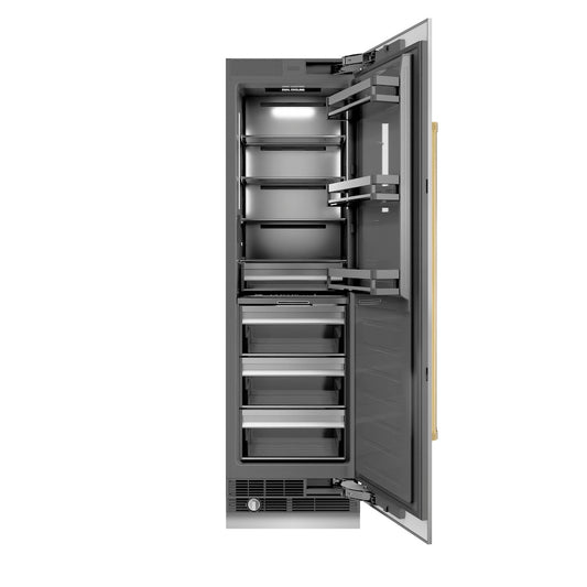 ZLINE Autograph Edition 24 in. 12.5 cu. ft. Column Refrigerator in Stainless Steel with Graphite Gray Interior and Polished Gold Accents (RCRVZ-30424-G) front, open.