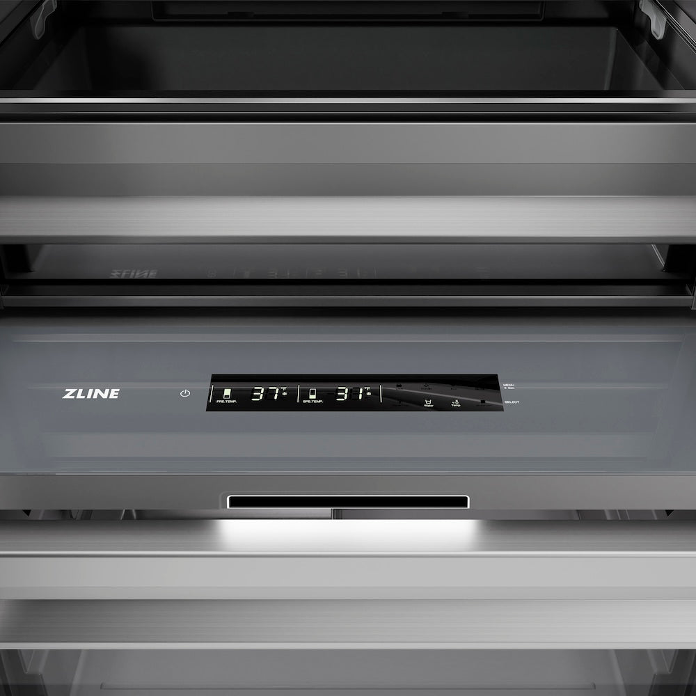 ZLINE Autograph Edition 30 in. 16.7 cu. ft. Column Refrigerator in Stainless Steel with Graphite Gray Interior and Matte Black Accents (RCRVZ-30430-MB) touch controls and display.