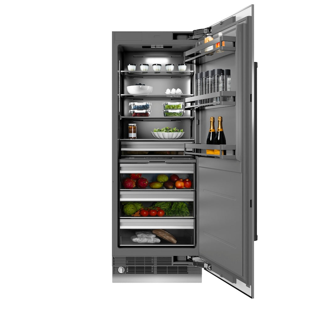ZLINE Autograph Edition 30 in. 16.7 cu. ft. Column Refrigerator in Stainless Steel with Graphite Gray Interior and Matte Black Accents (RCRVZ-30430-MB) front, open, with food inside.