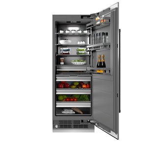 ZLINE Autograph Edition 30 in. 16.7 cu. ft. Column Refrigerator in Stainless Steel with Graphite Gray Interior and Matte Black Accents (RCRVZ-30430-MB) front, open, with food inside.