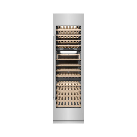 ZLINE 24 in. 12.4 cu. ft. Triple Zone 100 Bottle Column Wine Cooler in Stainless Steel (RCWV-304-24) front, closed.