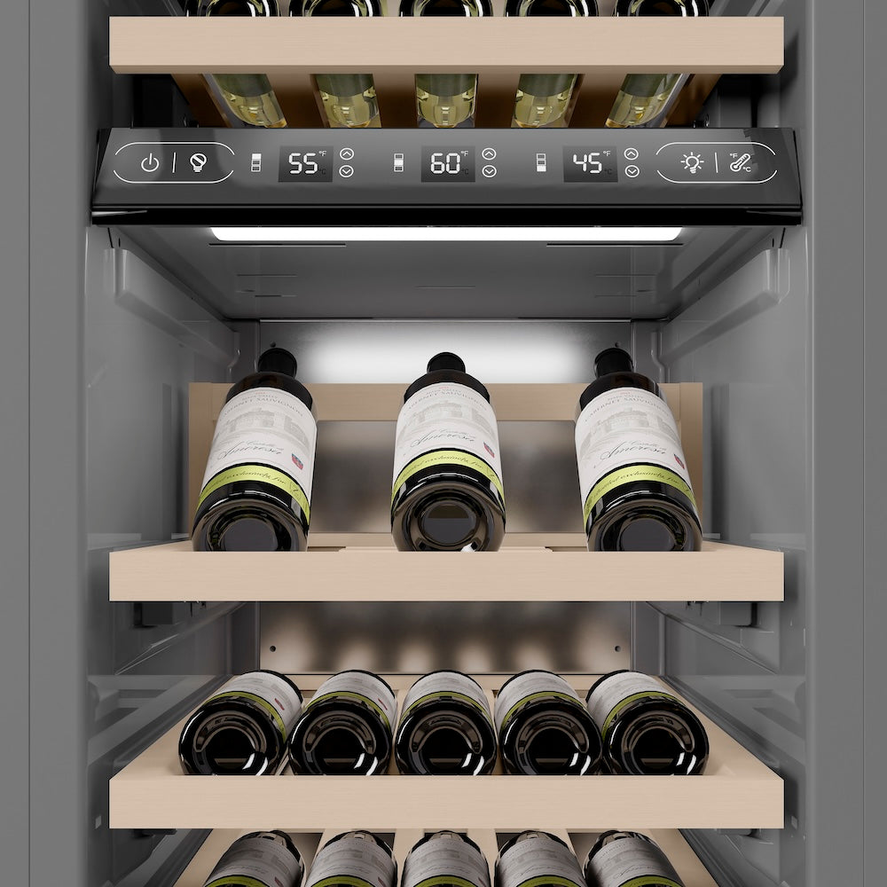 ZLINE 18 in. 9.0 cu. ft. Triple Zone 68 Bottle Left Hinge Column Wine Cooler in Stainless Steel (RCWVL-304-18) internal storage racks and controls.