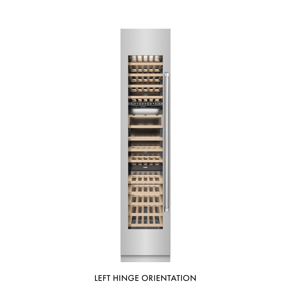 ZLINE 18 in. 9.0 cu. ft. Triple Zone 68 Bottle Left Hinge Column Wine Cooler in Stainless Steel (RCWVL-304-18) front, closed.