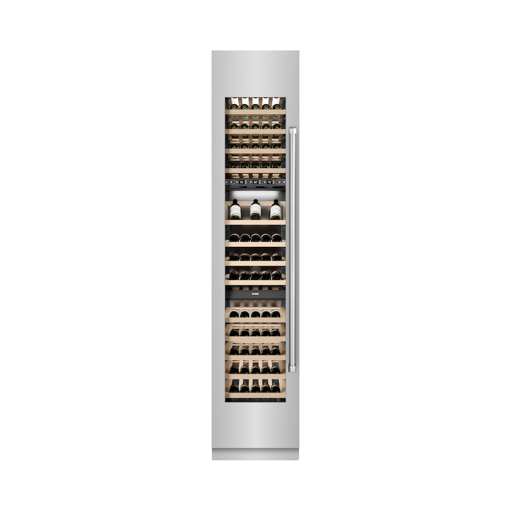 ZLINE 18 in. 9.0 cu. ft. Triple Zone 68 Bottle Left Hinge Column Wine Cooler in Stainless Steel (RCWVL-304-18) front, closed.