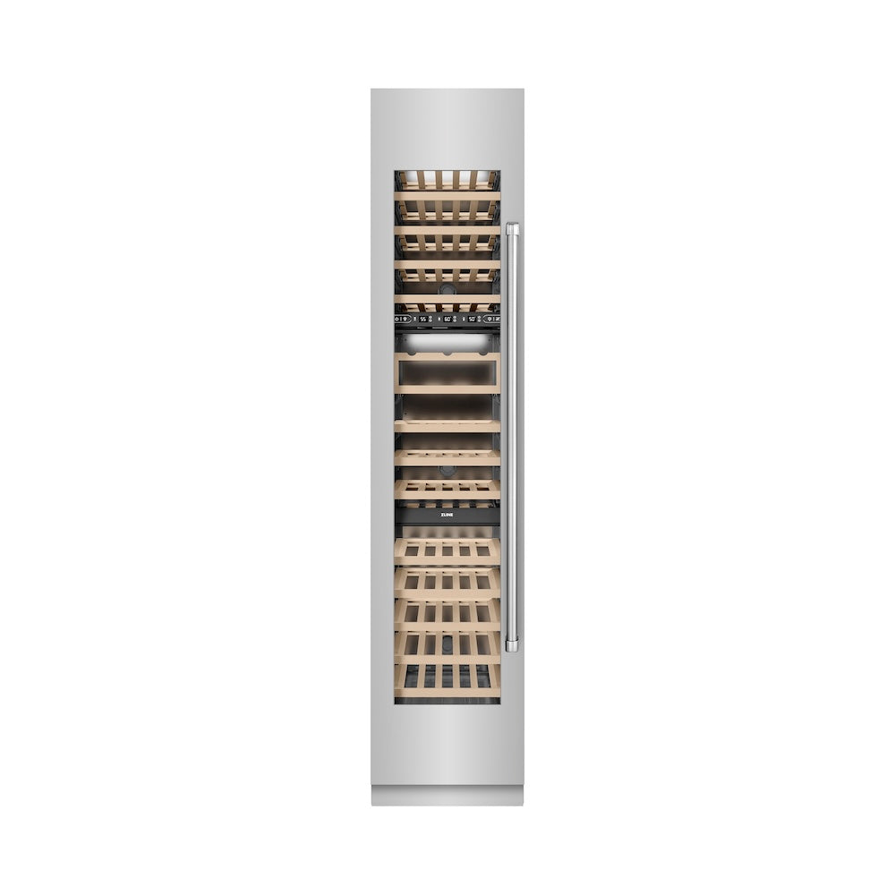 ZLINE 18 in. 9.0 cu. ft. Triple Zone 68 Bottle Left Hinge Column Wine Cooler in Stainless Steel (RCWVL-304-18) front, closed.