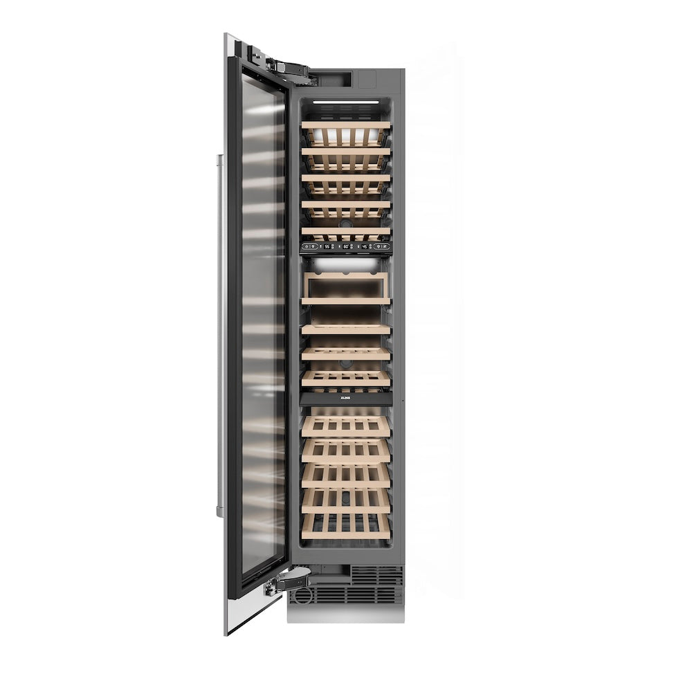 ZLINE 18 in. 9.0 cu. ft. Triple Zone 68 Bottle Left Hinge Column Wine Cooler in Stainless Steel (RCWVL-304-18) front, open.