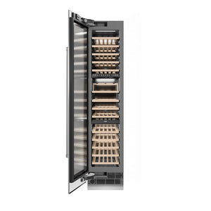 ZLINE 18 in. 9.0 cu. ft. Triple Zone 68 Bottle Left Hinge Column Wine Cooler in Stainless Steel (RCWVL-304-18) front, open.