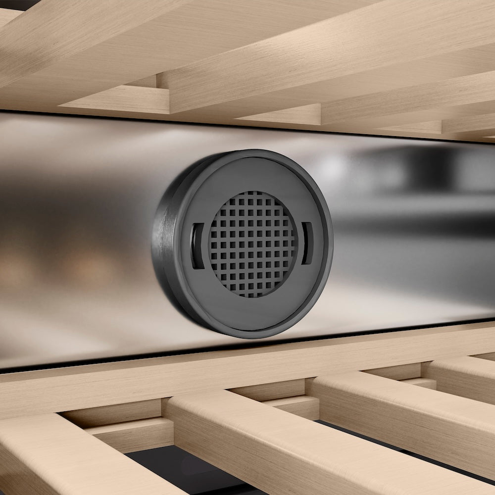 ZLINE Autograph Edition 18 in. 9.0 cu. ft. Triple Zone 68 Bottle Left Hinge Column Wine Cooler in Stainless Steel with Champagne Bronze Accents (RCWVLZ-30418-CB) carbon filter.