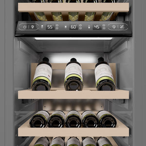 ZLINE Autograph Edition 18 in. 9.0 cu. ft. Triple Zone 68 Bottle Left Hinge Column Wine Cooler in Stainless Steel with Champagne Bronze Accents (RCWVLZ-30418-CB) internal storage racks and controls.