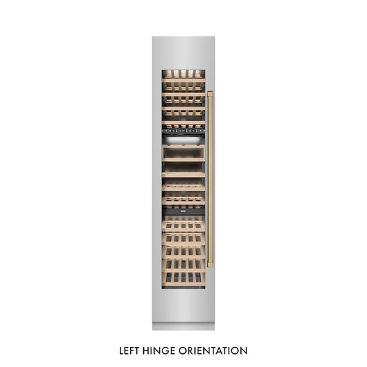 ZLINE Autograph Edition 18 in. 9.0 cu. ft. Triple Zone 68 Bottle Left Hinge Column Wine Cooler in Stainless Steel with Champagne Bronze Accents (RCWVLZ-30418-CB) front, closed.