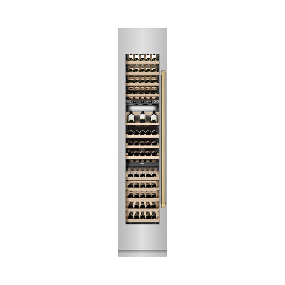 ZLINE Autograph Edition 18 in. 9.0 cu. ft. Triple Zone 68 Bottle Left Hinge Column Wine Cooler in Stainless Steel with Champagne Bronze Accents (RCWVLZ-30418-CB) front, closed.