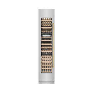 ZLINE Autograph Edition 18 in. 9.0 cu. ft. Triple Zone 68 Bottle Left Hinge Column Wine Cooler in Stainless Steel with Champagne Bronze Accents (RCWVLZ-30418-CB) front, closed.