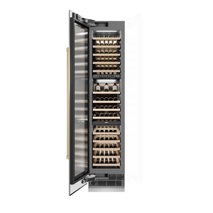 ZLINE Autograph Edition 18 in. 9.0 cu. ft. Triple Zone 68 Bottle Left Hinge Column Wine Cooler in Stainless Steel with Champagne Bronze Accents (RCWVLZ-30418-CB) front, open.