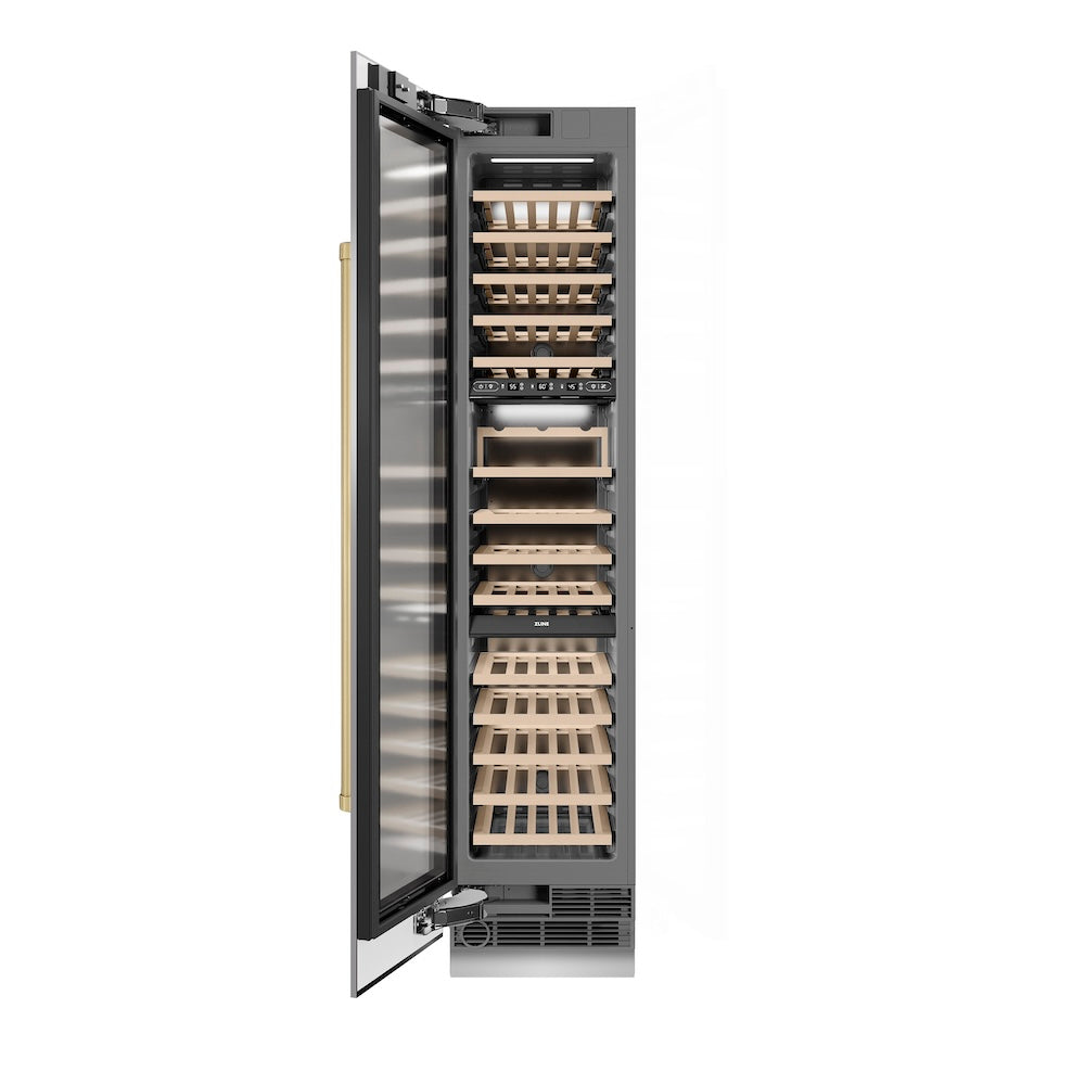 ZLINE Autograph Edition 18 in. 9.0 cu. ft. Triple Zone 68 Bottle Left Hinge Column Wine Cooler in Stainless Steel with Champagne Bronze Accents (RCWVLZ-30418-CB) front, open.