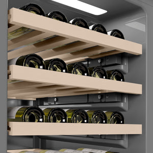 ZLINE Autograph Edition 18 in. 9.0 cu. ft. Triple Zone 68 Bottle Left Hinge Column Wine Cooler in Stainless Steel with Polished Gold Accents (RCWVLZ-30418-G) grey interior.