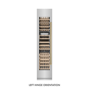 ZLINE Autograph Edition 18 in. 9.0 cu. ft. Triple Zone 68 Bottle Left Hinge Column Wine Cooler in Stainless Steel with Polished Gold Accents (RCWVLZ-30418-G) front, closed.