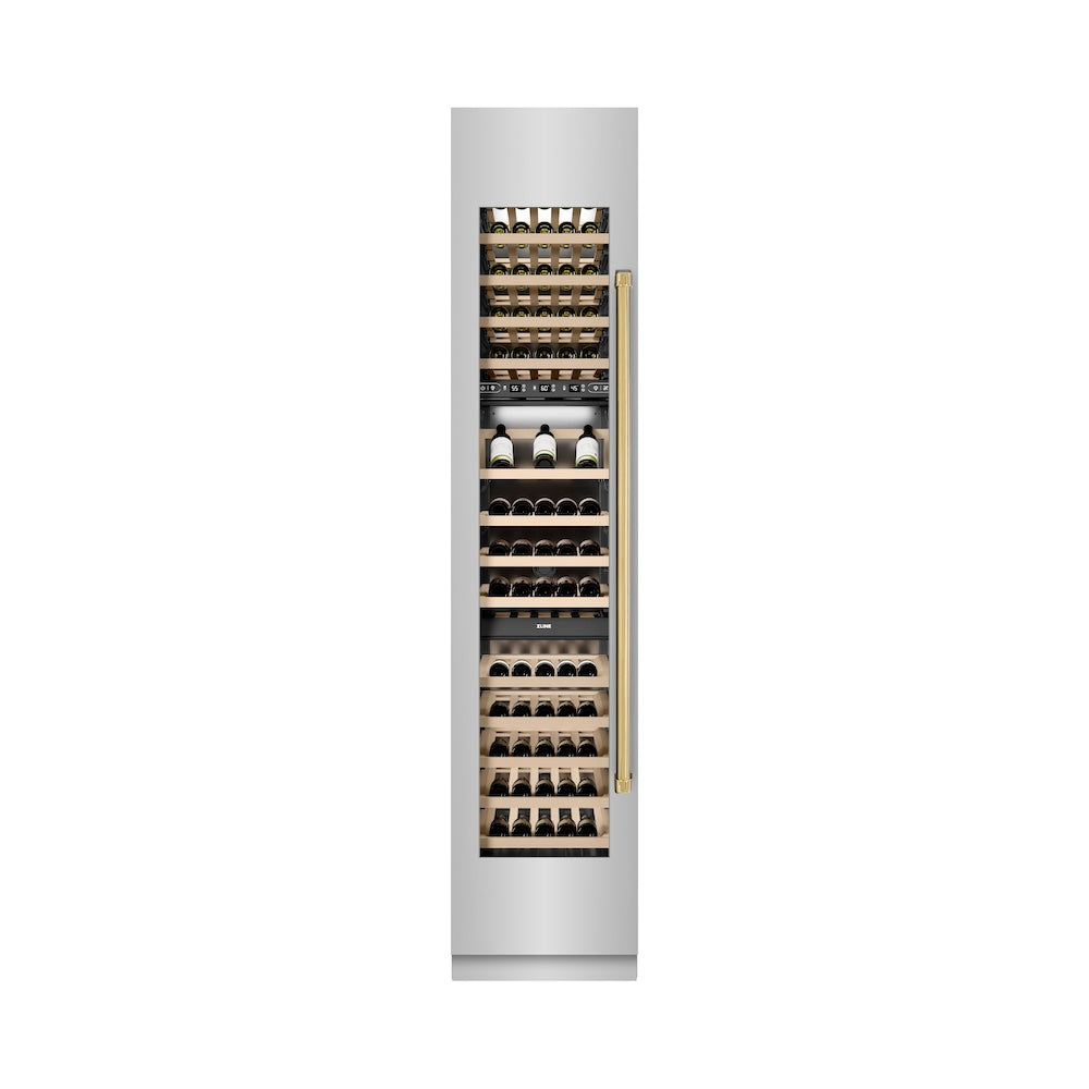 ZLINE Autograph Edition 18 in. 9.0 cu. ft. Triple Zone 68 Bottle Left Hinge Column Wine Cooler in Stainless Steel with Polished Gold Accents (RCWVLZ-30418-G) front, closed.