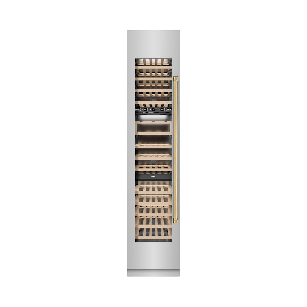 ZLINE Autograph Edition 18 in. 9.0 cu. ft. Triple Zone 68 Bottle Left Hinge Column Wine Cooler in Stainless Steel with Polished Gold Accents (RCWVLZ-30418-G) front, closed.