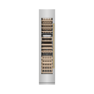 ZLINE Autograph Edition 18 in. 9.0 cu. ft. Triple Zone 68 Bottle Left Hinge Column Wine Cooler in Stainless Steel with Polished Gold Accents (RCWVLZ-30418-G) front, closed.