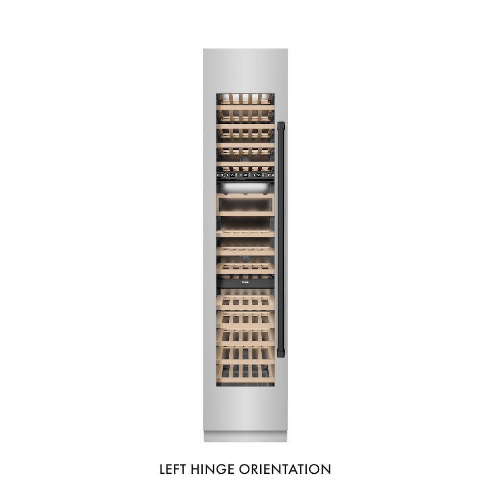 ZLINE Autograph Edition 18 in. 9.0 cu. ft. Triple Zone 68 Bottle Left Hinge Column Wine Cooler in Stainless Steel with Matte Black Accents (RCWVLZ-30418-MB) front, closed.