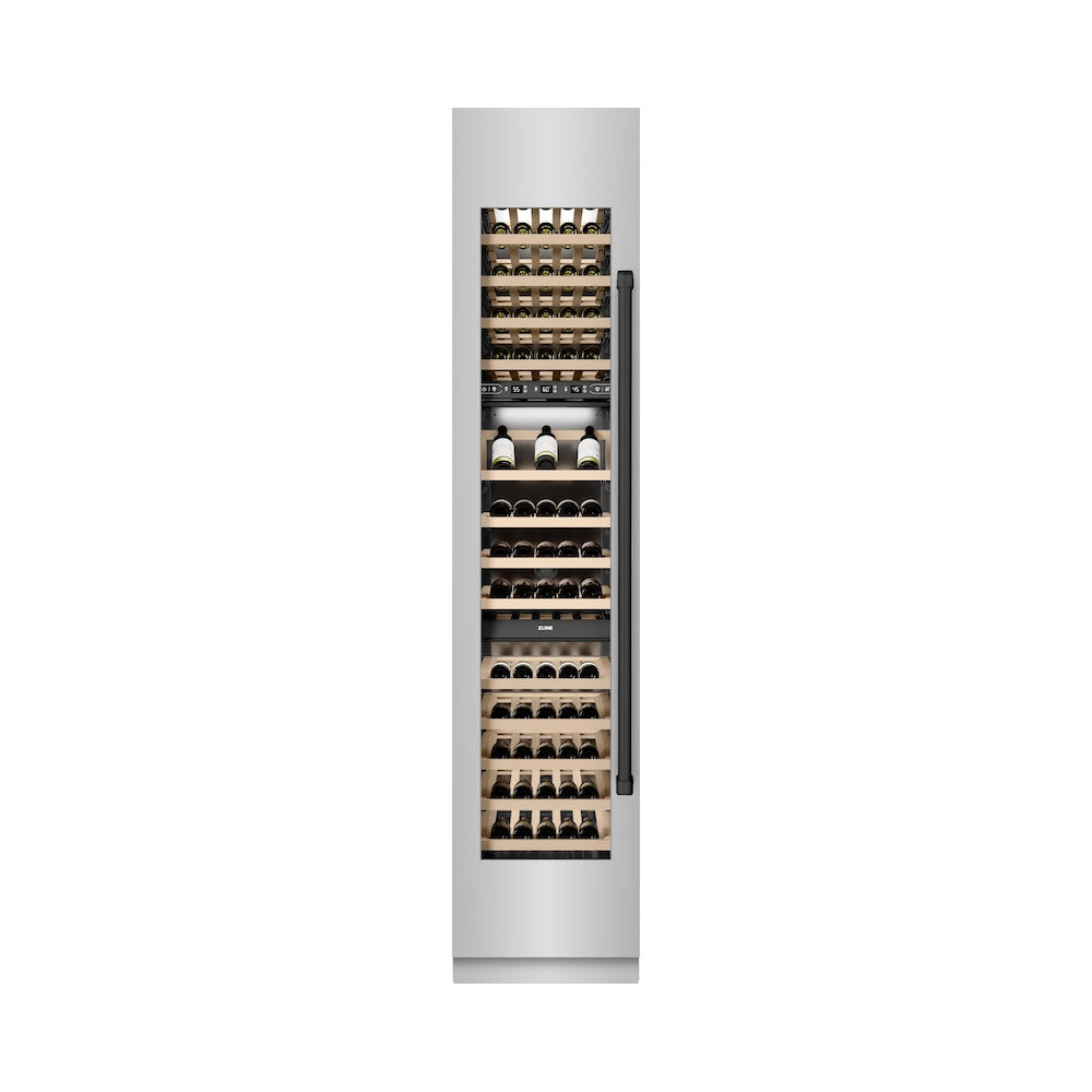 ZLINE Autograph Edition 18 in. 9.0 cu. ft. Triple Zone 68 Bottle Left Hinge Column Wine Cooler in Stainless Steel with Matte Black Accents (RCWVLZ-30418-MB) front, closed.