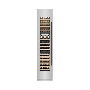 ZLINE Autograph Edition 18 in. 9.0 cu. ft. Triple Zone 68 Bottle Left Hinge Column Wine Cooler in Stainless Steel with Matte Black Accents (RCWVLZ-30418-MB) front, closed.