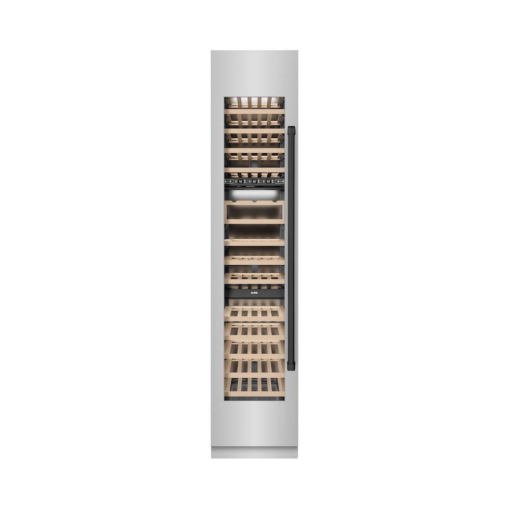 ZLINE Autograph Edition 18 in. 9.0 cu. ft. Triple Zone 68 Bottle Left Hinge Column Wine Cooler in Stainless Steel with Matte Black Accents (RCWVLZ-30418-MB) front, closed.