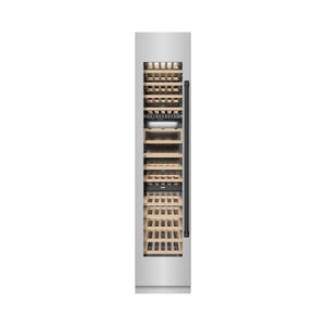 ZLINE Autograph Edition 18 in. 9.0 cu. ft. Triple Zone 68 Bottle Left Hinge Column Wine Cooler in Stainless Steel with Matte Black Accents (RCWVLZ-30418-MB) front, closed.