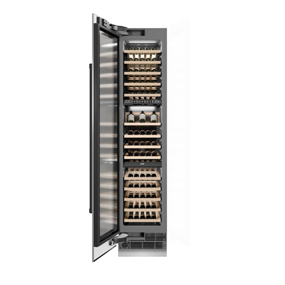 ZLINE Autograph Edition 18 in. 9.0 cu. ft. Triple Zone 68 Bottle Left Hinge Column Wine Cooler in Stainless Steel with Matte Black Accents (RCWVLZ-30418-MB) front, open.