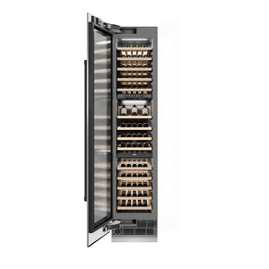 ZLINE Autograph Edition 18 in. 9.0 cu. ft. Triple Zone 68 Bottle Left Hinge Column Wine Cooler in Stainless Steel with Matte Black Accents (RCWVLZ-30418-MB) front, open.