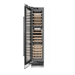 ZLINE Autograph Edition 18 in. 9.0 cu. ft. Triple Zone 68 Bottle Left Hinge Column Wine Cooler in Stainless Steel with Matte Black Accents (RCWVLZ-30418-MB) front, open.