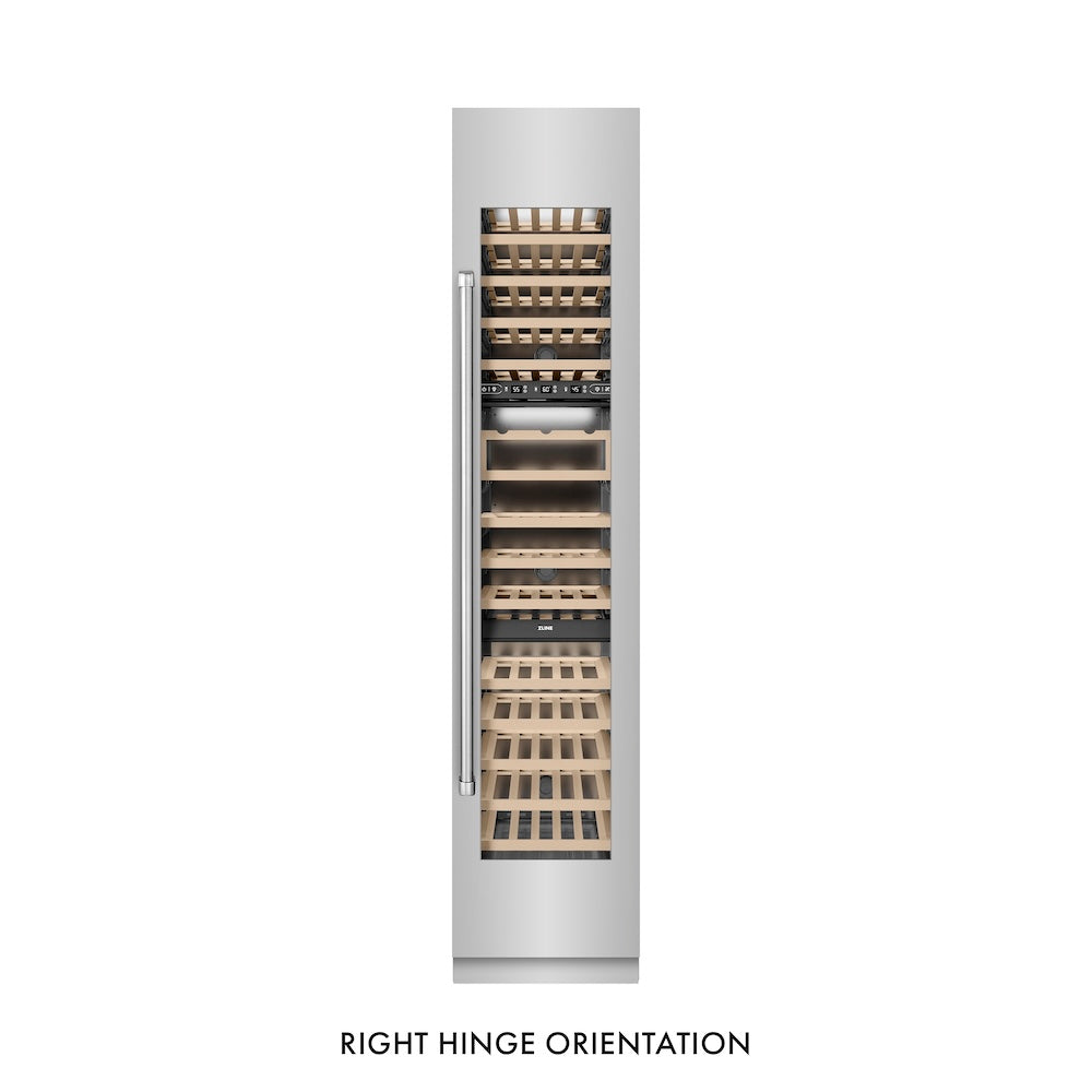ZLINE 18 in. 9.0 cu. ft. Triple Zone 68 Bottle Right Hinge Column Wine Cooler in Stainless Steel (RCWVR-304-18) front, closed.