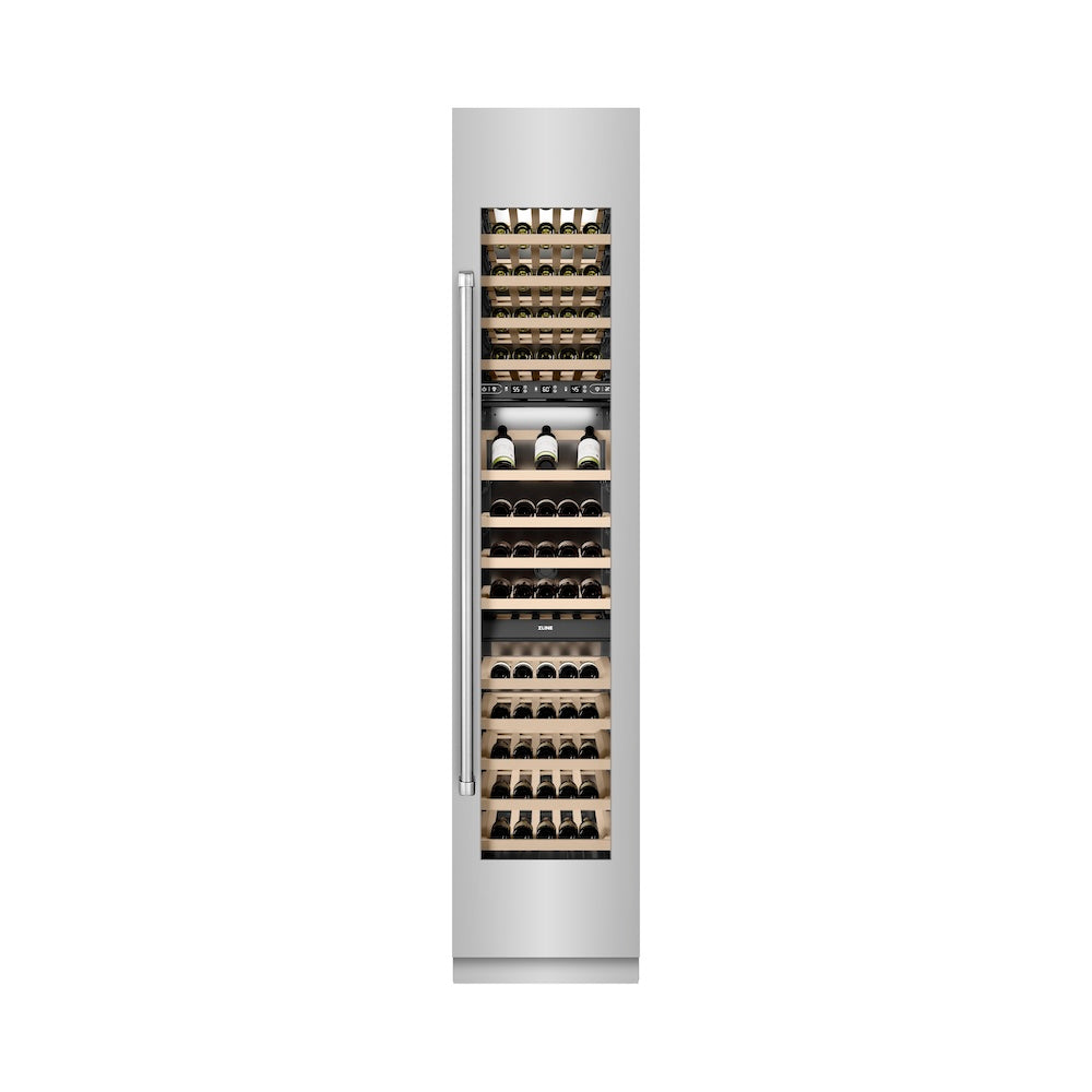 ZLINE 18 in. 9.0 cu. ft. Triple Zone 68 Bottle Right Hinge Column Wine Cooler in Stainless Steel (RCWVR-304-18) front, closed.