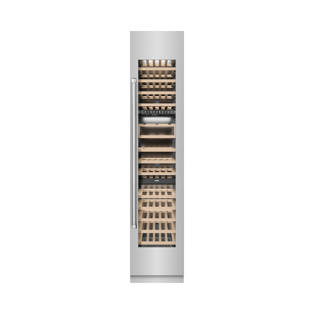 ZLINE 18 in. 9.0 cu. ft. Triple Zone 68 Bottle Right Hinge Column Wine Cooler in Stainless Steel (RCWVR-304-18) front, closed.