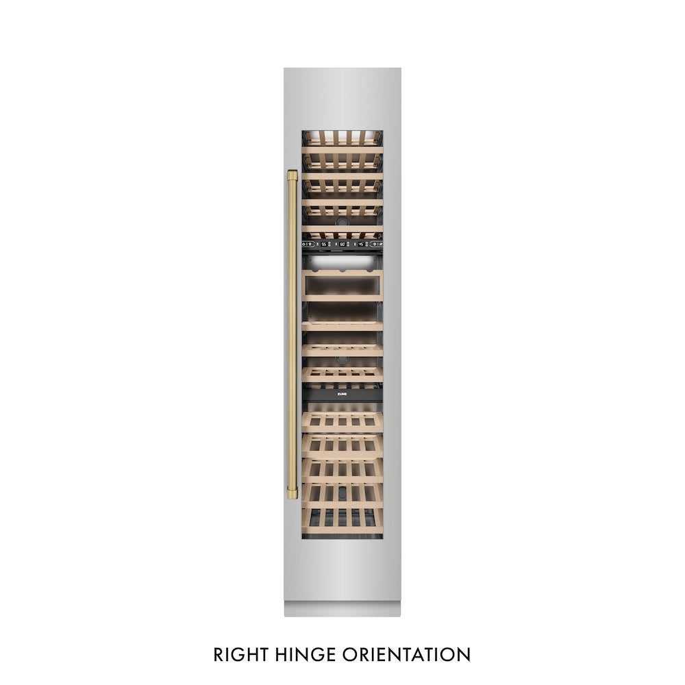 ZLINE Autograph Edition 18 in. 9.0 cu. ft. Triple Zone 68 Bottle Right Hinge Column Wine Cooler in Stainless Steel with Champagne Bronze Accents (RCWVRZ-30418-CB) front, closed.