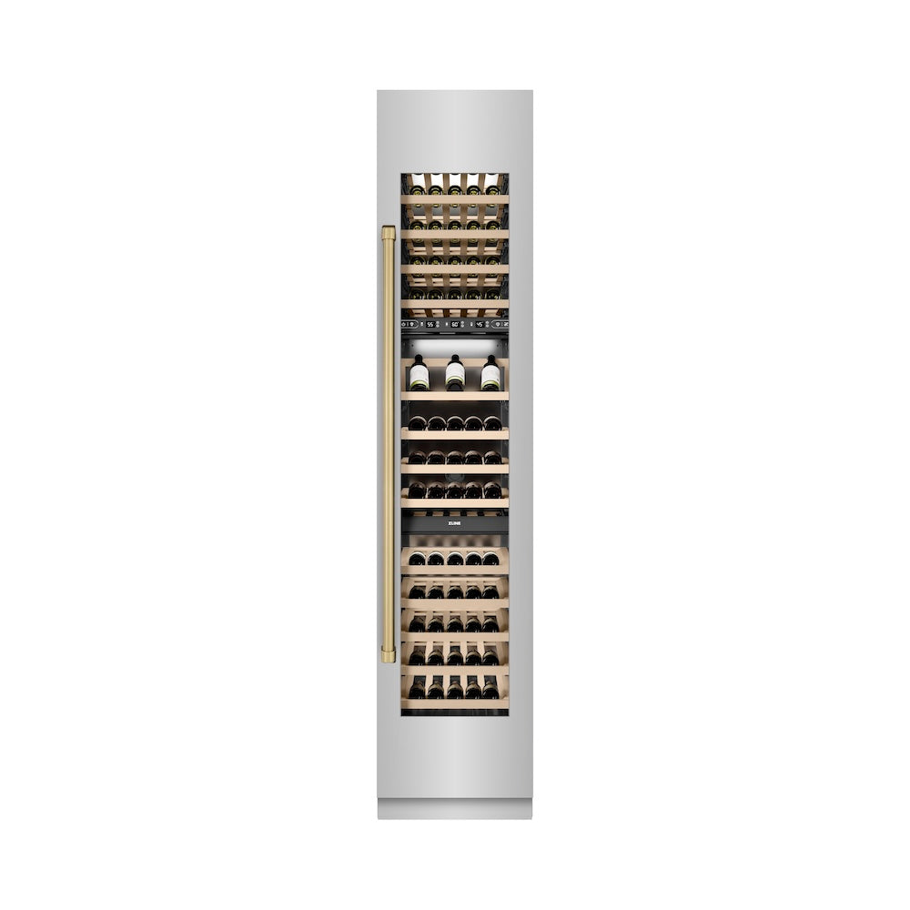 ZLINE Autograph Edition 18 in. 9.0 cu. ft. Triple Zone 68 Bottle Right Hinge Column Wine Cooler in Stainless Steel with Champagne Bronze Accents (RCWVRZ-30418-CB) front, closed.