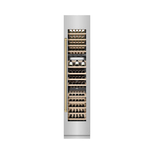 ZLINE Autograph Edition 18 in. 9.0 cu. ft. Triple Zone 68 Bottle Right Hinge Column Wine Cooler in Stainless Steel with Champagne Bronze Accents (RCWVRZ-30418-CB) front, closed.