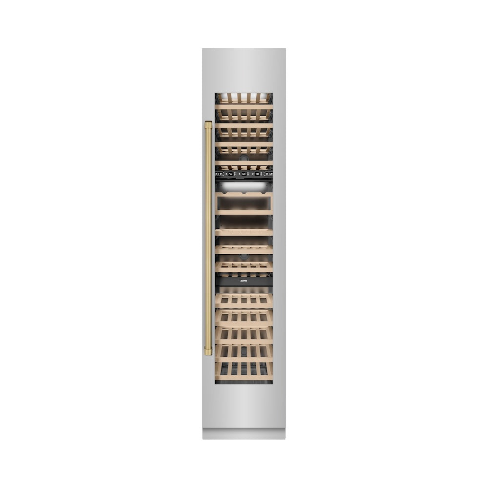 ZLINE Autograph Edition 18 in. 9.0 cu. ft. Triple Zone 68 Bottle Right Hinge Column Wine Cooler in Stainless Steel with Champagne Bronze Accents (RCWVRZ-30418-CB) front, closed.