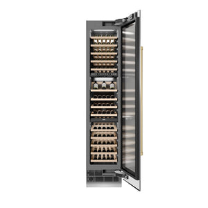 ZLINE Autograph Edition 18 in. 9.0 cu. ft. Triple Zone 68 Bottle Right Hinge Column Wine Cooler in Stainless Steel with Champagne Bronze Accents (RCWVRZ-30418-CB) front, open.
