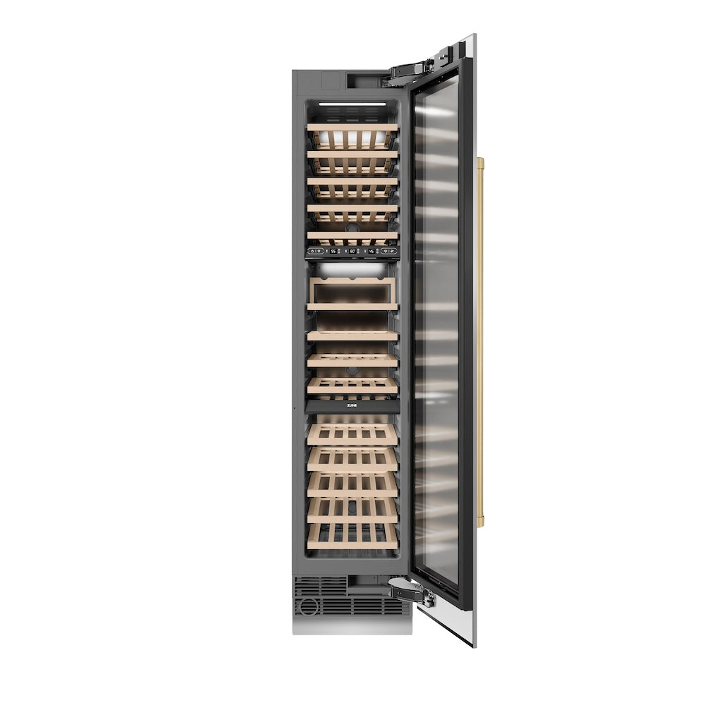 ZLINE Autograph Edition 18 in. 9.0 cu. ft. Triple Zone 68 Bottle Right Hinge Column Wine Cooler in Stainless Steel with Champagne Bronze Accents (RCWVRZ-30418-CB) front, open.