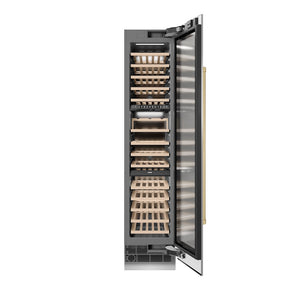 ZLINE Autograph Edition 18 in. 9.0 cu. ft. Triple Zone 68 Bottle Right Hinge Column Wine Cooler in Stainless Steel with Champagne Bronze Accents (RCWVRZ-30418-CB) front, open.