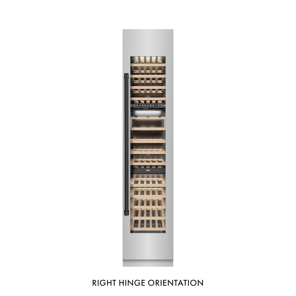 ZLINE Autograph Edition 18 in. 9.0 cu. ft. Triple Zone 68 Bottle Right Hinge Column Wine Cooler in Stainless Steel with Matte Black Accents (RCWVRZ-304-18-MB) front, closed.