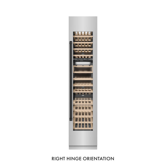 ZLINE Autograph Edition 18 in. 9.0 cu. ft. Triple Zone 68 Bottle Right Hinge Column Wine Cooler in Stainless Steel with Matte Black Accents (RCWVRZ-304-18-MB) front, closed.
