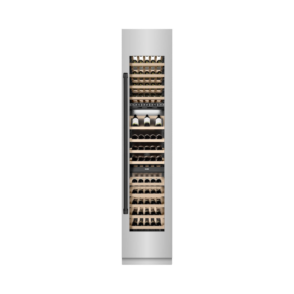 ZLINE Autograph Edition 18 in. 9.0 cu. ft. Triple Zone 68 Bottle Right Hinge Column Wine Cooler in Stainless Steel with Matte Black Accents (RCWVRZ-304-18-MB) front, closed.