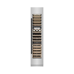 ZLINE Autograph Edition 18 in. 9.0 cu. ft. Triple Zone 68 Bottle Right Hinge Column Wine Cooler in Stainless Steel with Matte Black Accents (RCWVRZ-304-18-MB) front, closed.