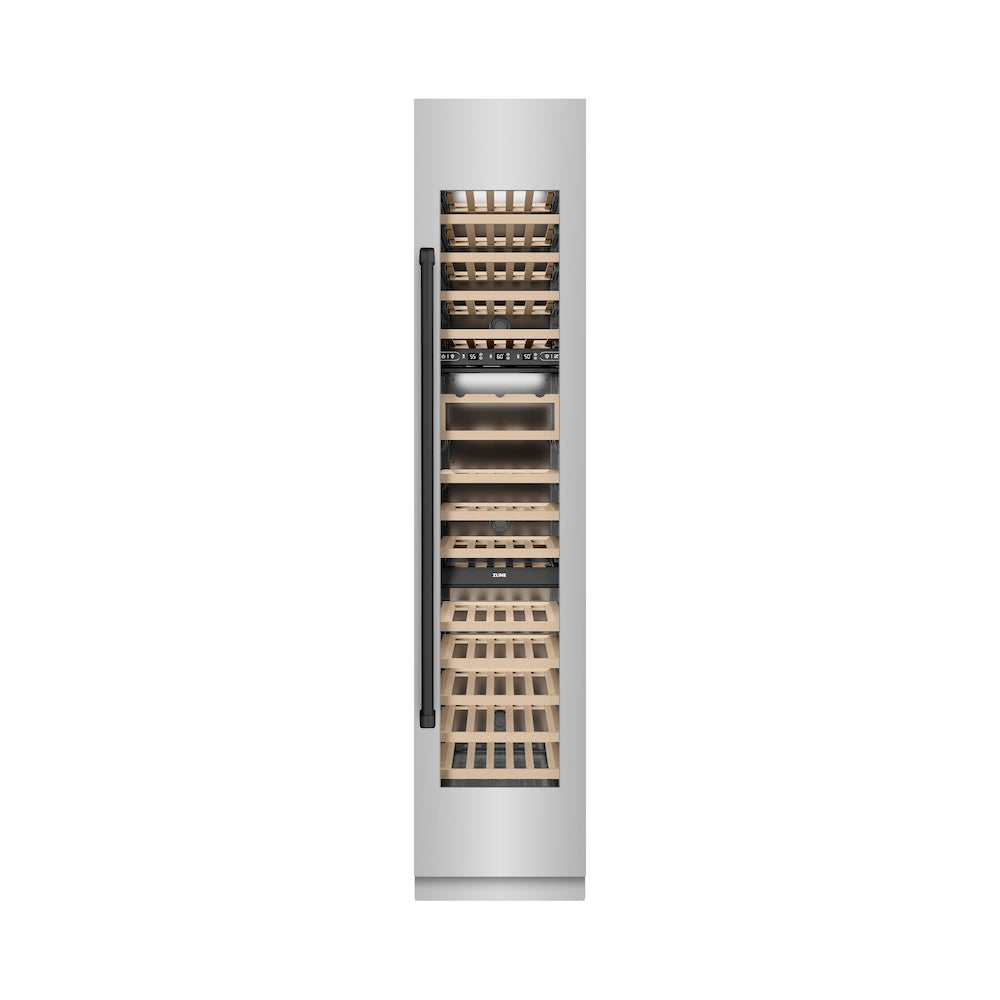 ZLINE Autograph Edition 18 in. 9.0 cu. ft. Triple Zone 68 Bottle Right Hinge Column Wine Cooler in Stainless Steel with Matte Black Accents (RCWVRZ-304-18-MB) front, closed.