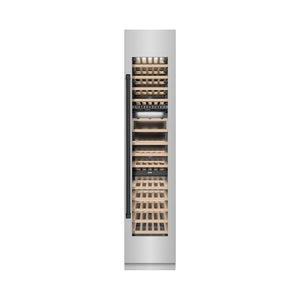 ZLINE Autograph Edition 18 in. 9.0 cu. ft. Triple Zone 68 Bottle Right Hinge Column Wine Cooler in Stainless Steel with Matte Black Accents (RCWVRZ-304-18-MB) front, closed.