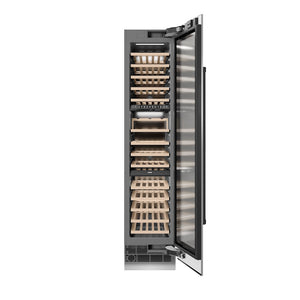 ZLINE Autograph Edition 18 in. 9.0 cu. ft. Triple Zone 68 Bottle Right Hinge Column Wine Cooler in Stainless Steel with Matte Black Accents (RCWVRZ-304-18-MB) front, open.