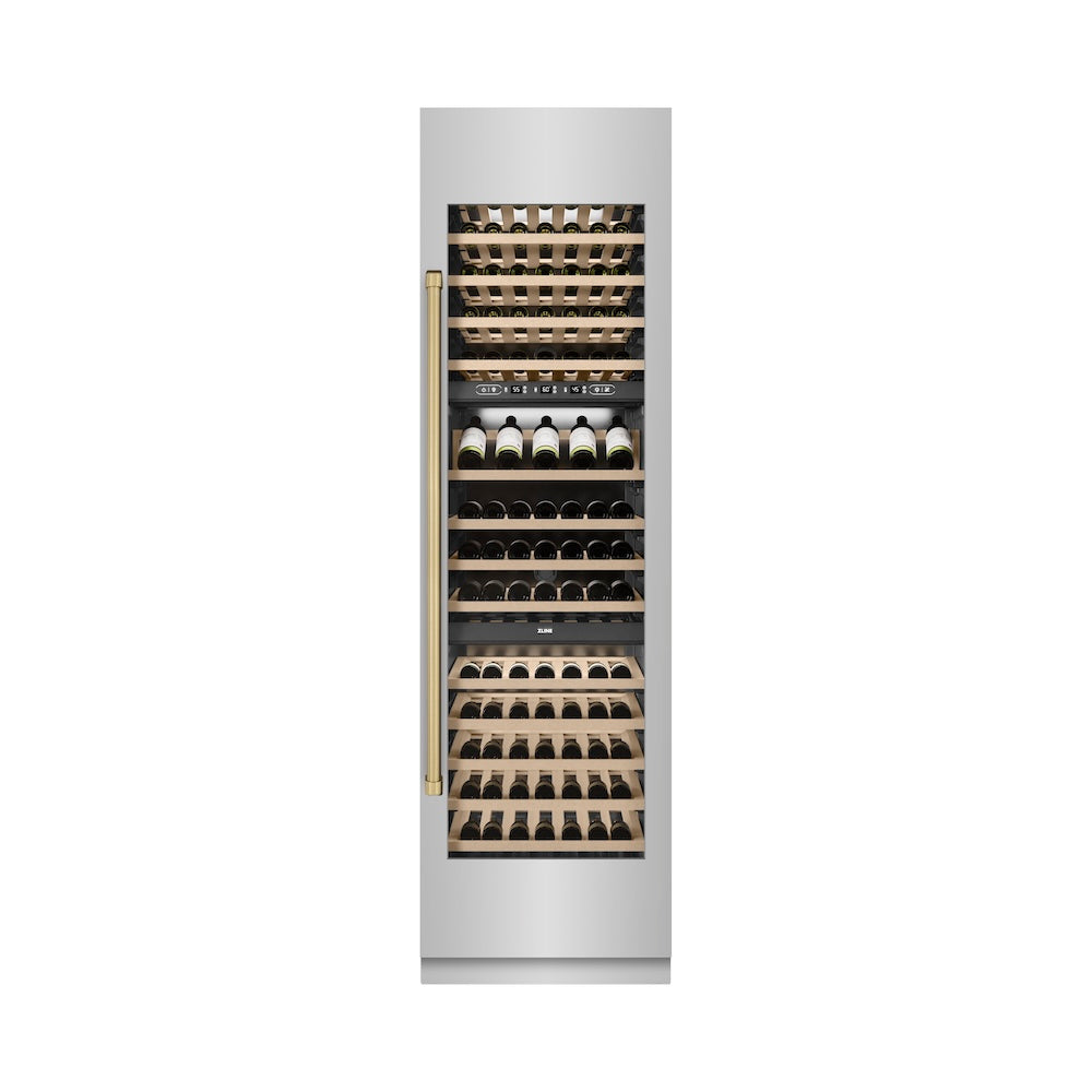 ZLINE Autograph Edition 24 in. 12.4 cu. ft. Triple Zone 100 Bottle Column Wine Cooler in Stainless Steel and Champagne Bronze Accents (RCWVZ-304-24-CB) front, closed.