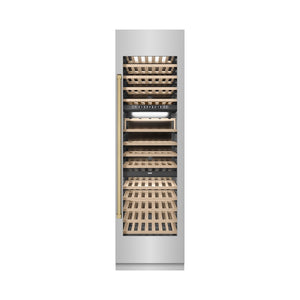 ZLINE Autograph Edition 24 in. 12.4 cu. ft. Triple Zone 100 Bottle Column Wine Cooler in Stainless Steel and Champagne Bronze Accents (RCWVZ-304-24-CB) front, closed.